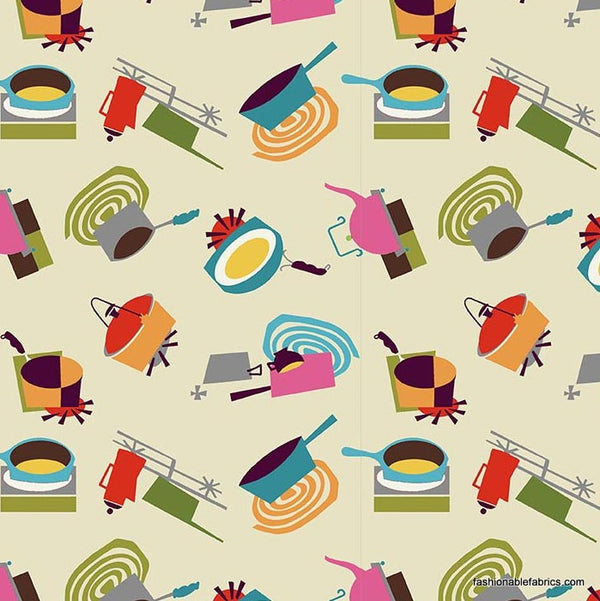 Happy Days Tossed Pans on Cream by Newcastle Fabrics