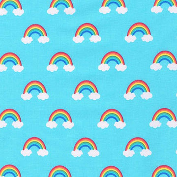 Happy Little Unicorns Rainbows on blue by Robert Kaufman