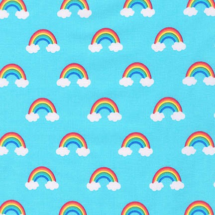 Happy Little Unicorns Rainbows on blue by Robert Kaufman