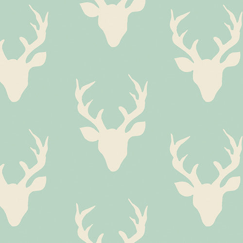 Buck Forest in Mint by Bonnie Christine, mint green quilting cotton with rows of deer silhouettes