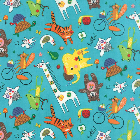 Hello Friend Happy Friend on Aqua by Abi Hall for Moda Fabrics
