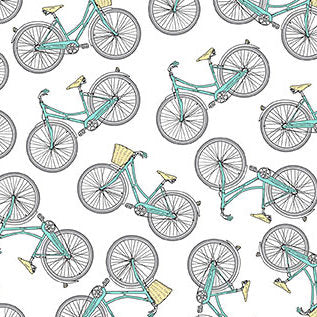 Hipster on the Go Tossed Bikes on White by Deborah Edwards for Northcott Fabrics