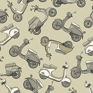 Hipsters on the Go Scooters tossed on Beige by Deborah Edwards for Northcott Fabrics