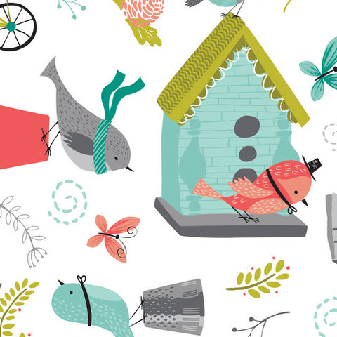 It's a Birds Life Songbird Village in White by Camelot Cottons