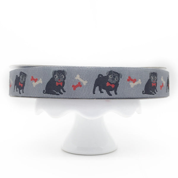 Jacquard Ribbon Black Pug on Grey by Jessica Jones