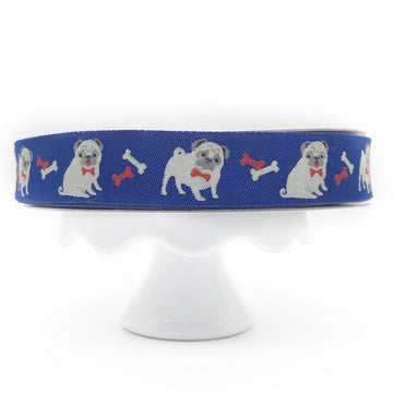 Jacquard Ribbon Fawn Pug on Navy by Jessica Jones