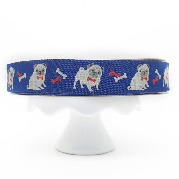 Jacquard Ribbon Fawn Pug on Navy by Jessica Jones