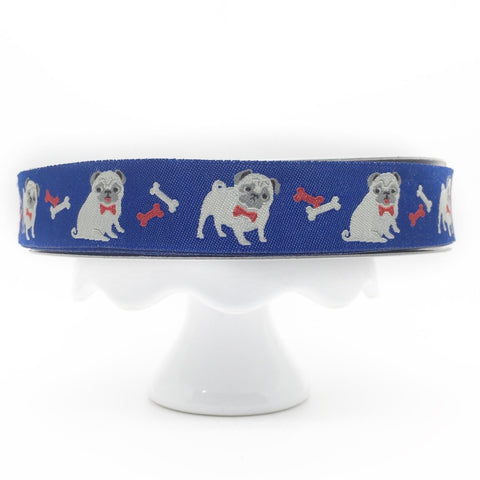 Jacquard Ribbon Fawn Pug on Navy by Jessica Jones