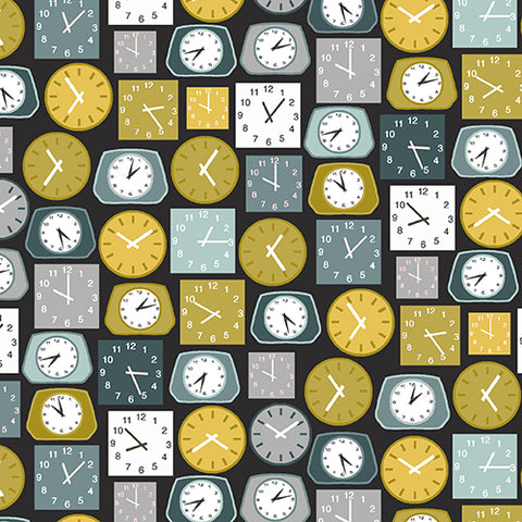 Lila's Kitchen Clocks on Black by Andover Fabrics