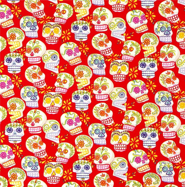 Mini Calaveras Skulls on red by Alexander Henry Fabrics