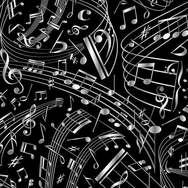 Feel The Music Swirling Music Notes in Black by Timeless Treasures MUSIC-C7587