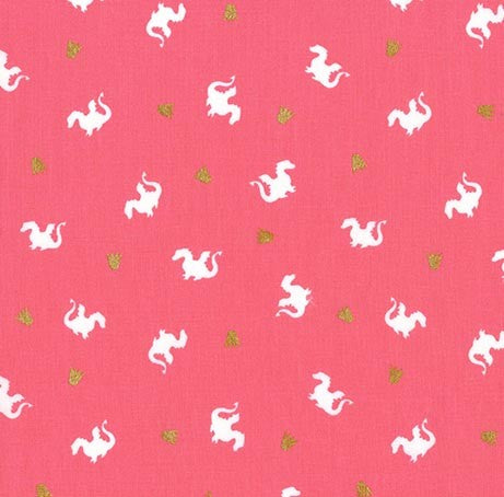 Magic Baby Dragon in Pink by Sarah Jane, pink quilting cotton with baby dragons and gold metallic