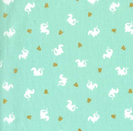 Magic Baby Dragon in Turquoise by Sarah Jane, turquoise quilting cotton with baby dragons and gold metallic