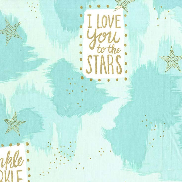 Magic You Are Magic in Turquoise by Sarah Jane, turquoise quilting cotton with fairytale text and gold metallic