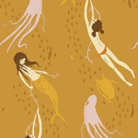 Mendocino Underwater Sisters in Gold by Heather Ross for Windham Fabrics