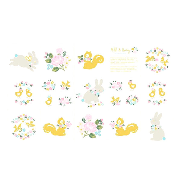 Milk and Honey panel in Cream Sparkle by Elea Lutz, cream cotton panel with vintage-style motifs and shimmer