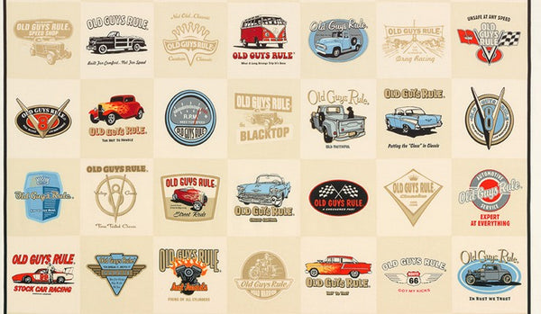 Old Guys Rule Street Rods on natural by Robert Kaufman 23.5" Panel AOD-16712-14