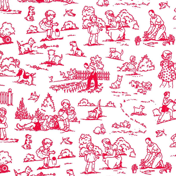 Pam Kitty Garden Red on White Toile by Lakehouse Drygoods