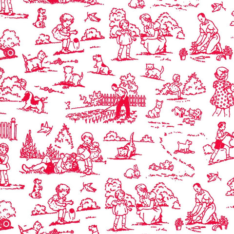 Pam Kitty Garden Red on White Toile by Lakehouse Drygoods
