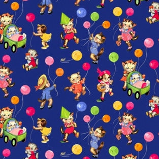 Pam Kitty Picnic Balloons on Navy by Lakehouse Drygoods