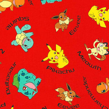 Pokemon Creatures with names tossed on red by Robert Kaufman Fabrics