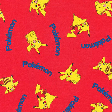 Pikachu and Pokemon Tossed on Red by The Pokemon Co. by Robert Kaufman Fabrics