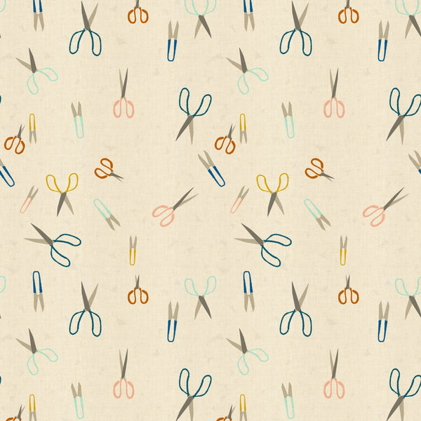 Paper Cuts Snip Snip in Natural by Rashida Coleman-Hale, cream quilting cotton with scattered scissors