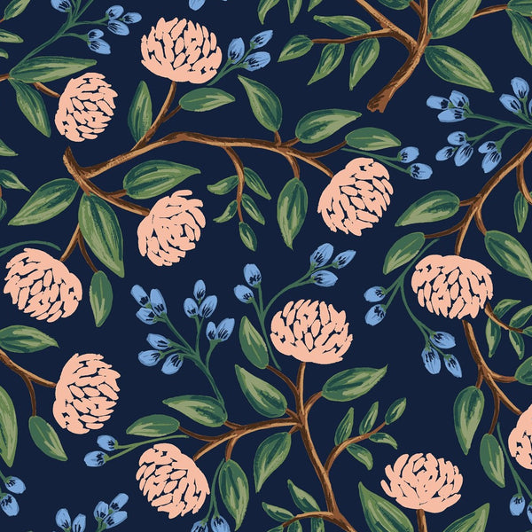 Wildwood Peonies in Navy by Rifle Paper Co, navy quilting cotton with large peonies