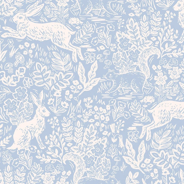 Wildwood Fable in Blue by Rifle Paper Co, navy quilting cotton with rabbits and foxes among leaves
