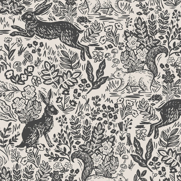 Wildwood Fable in Cream by Rifle Paper Co, cream quilting cotton with rabbits and foxes among leaves