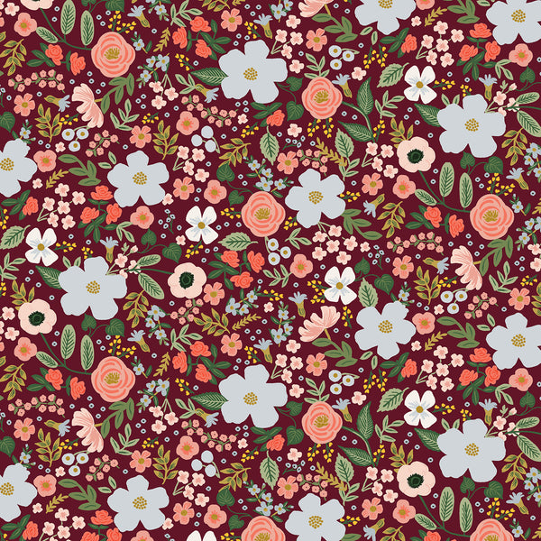 Garden Party Wild Rose in Burgundy Metallic by Rifle Paper Co, burgundy quilting cotton with roses and gold accents