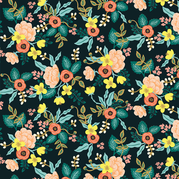 Wildwood Primavera Birch in Black by Rifle Paper Co, black quilting cotton with birds and branches