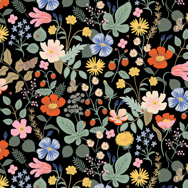 Strawberry Fields in Black by Rifle Paper Co, black quilting cotton with strawberries and flowers