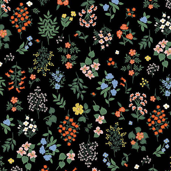 Strawberry Fields Hawthorne in Black by Rifle Paper Co, black quilting cotton with elegant floral