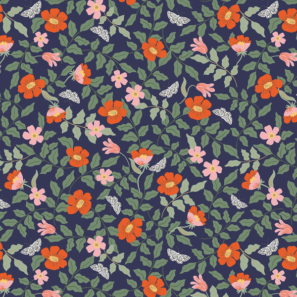 Strawberry Fields Primrose in Navy by Rifle Paper Co, navy quilting cotton with tossed florals