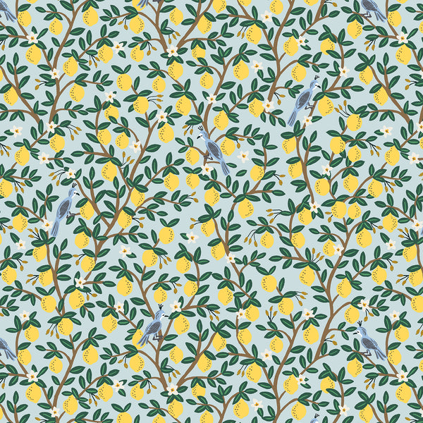 Camont Lemon in Mint Metallic by Rifle Paper Co, mint quilting cotton with lemons and gold accents