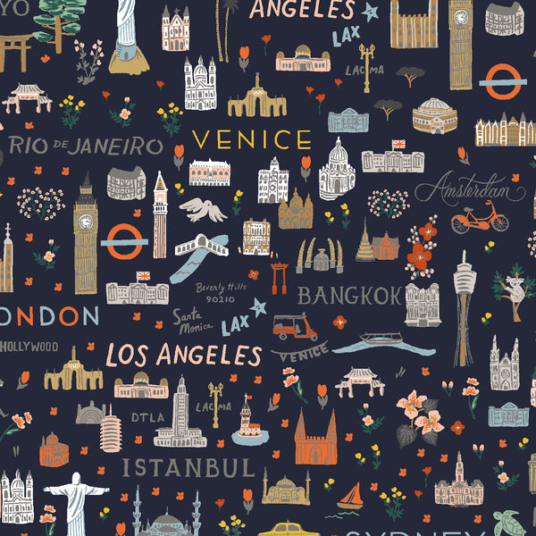 Bon Voyage World Traveler in Navy by Rifle Paper Co, navy quilting cotton with world landmarks