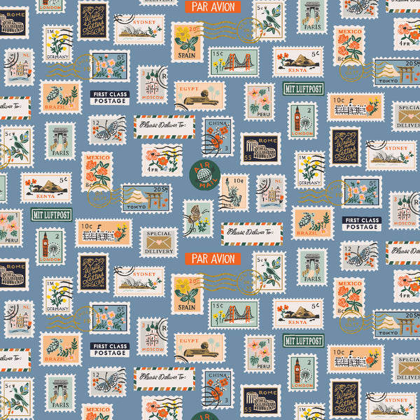 Bon Voyage Postage Stamps in Blue Metallic by Rifle Paper Co, blue quilting cotton with postage stamps and gold accents