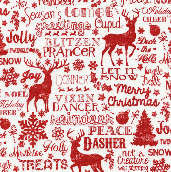 Reindeer and Christmas Words in Red by Timeless Treasures