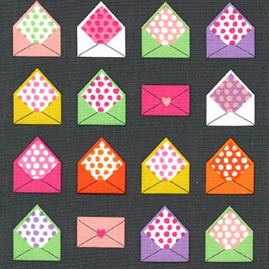 Sealed with a Kiss Envelopes on Charcoal by Laurie Wisbrun for Robert Kaufman Fabrics