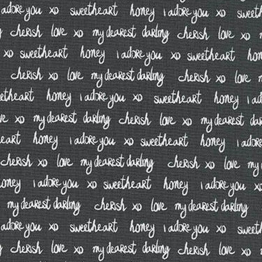 Sealed with a Kiss Text on Charcoal by Laurie Wisbrun for Robert Kaufman Fabrics