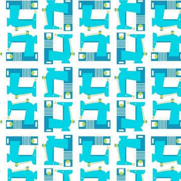 Sew Much Fun Sewing Machines in Aqua by Studio E Fabrics