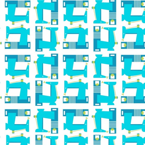 Sew Much Fun Sewing Machines in Aqua by Studio E Fabrics