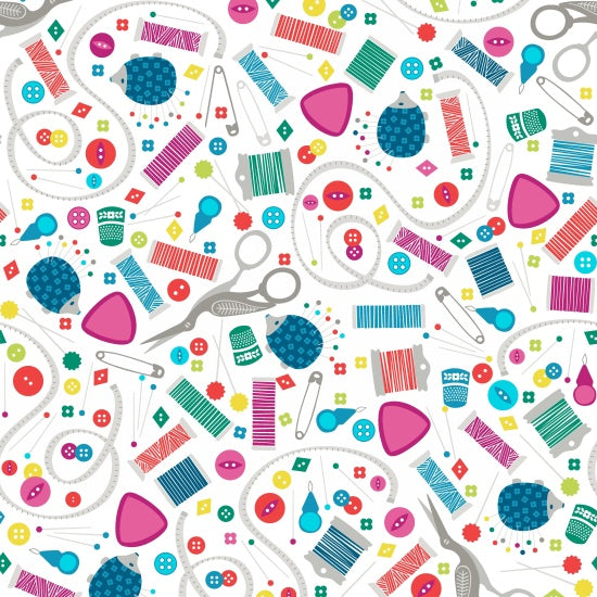 Sew Much Fun Sewing Paraphernalia on White by Studio E Fabrics
