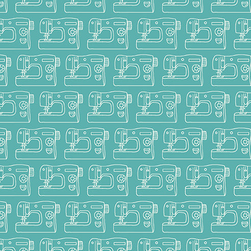 Sew Simple Sewing Machines on Aqua by Andover Fabrics
