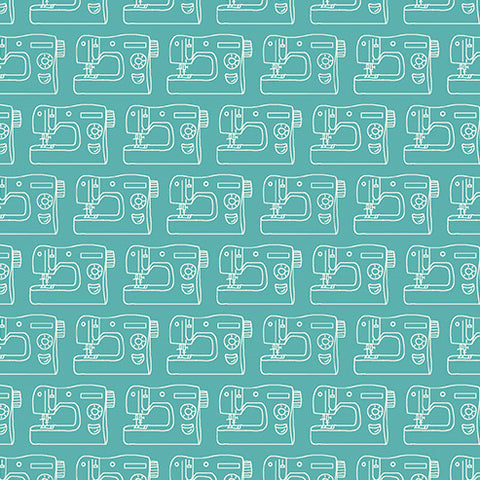 Sew Simple Sewing Machines on Aqua by Andover Fabrics