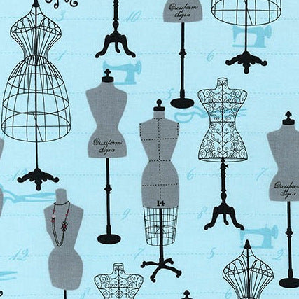 Sewing Studio Dressforms on blue by Robert Kaufman Fabrics