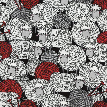 Sheep and Yarn on Black by Timeless Treasures