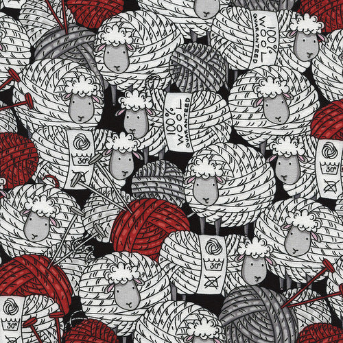 Sheep and Yarn on Black by Timeless Treasures