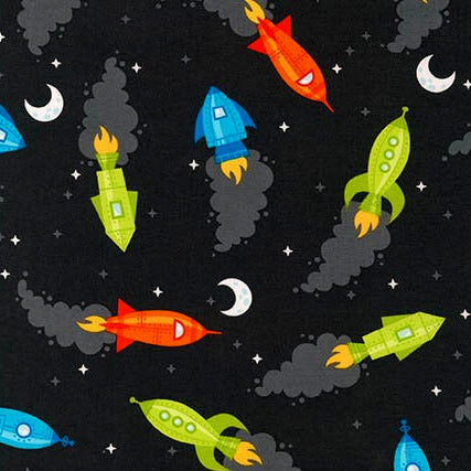 Spaced out Rockets on Charcoal by Caleb Gray for Robert Kaufman Fabrics